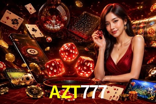 Una escena digital vívida inspirada en casino con AZT777 mostrado prominentemente, luces brillantes, fichas, cartas y acentos dorados.