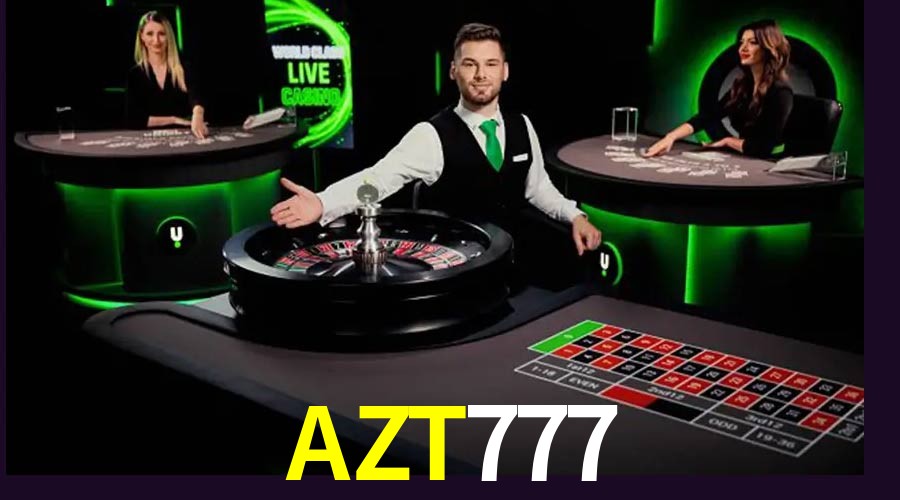 Escena dinámica inspirada en casino con iluminación AZT777, cartas, fichas e íconos de juegos digitales en un espacio moderno de juegos.