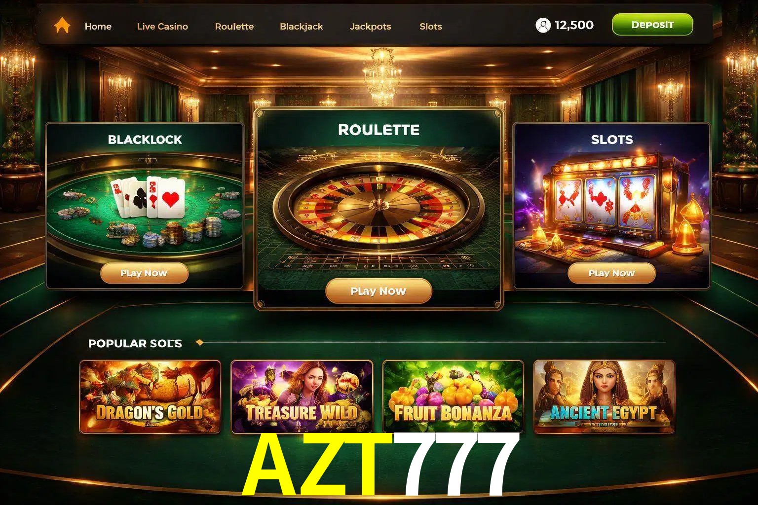 Vista de la plataforma AZT777 Casino mostrando categorías organizadas de juegos en línea