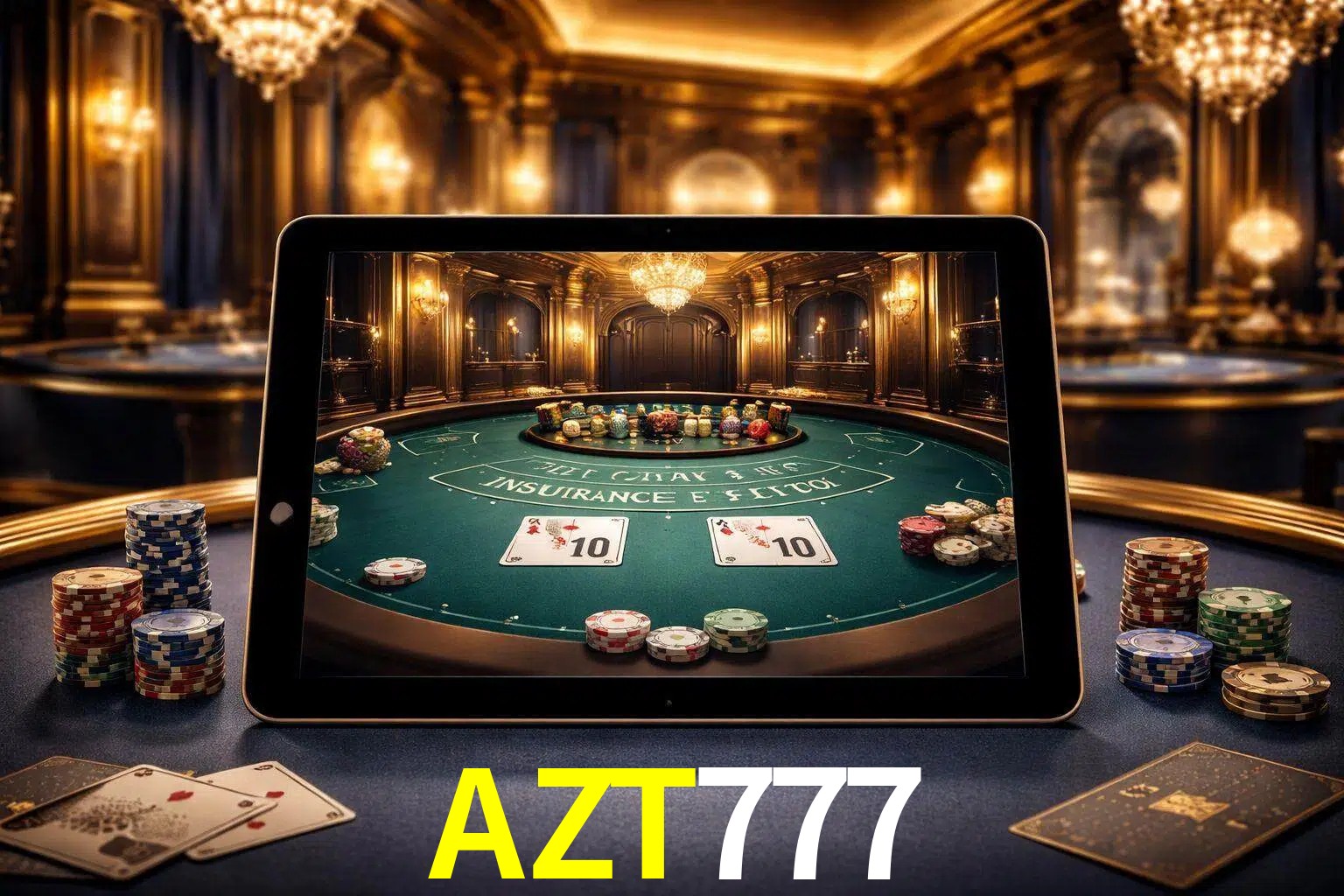 Configuración moderna de casino en vivo con una tableta mostrando una mesa de blackjack, luces cálidas de estudio y una atmósfera elegante de juegos digitales.