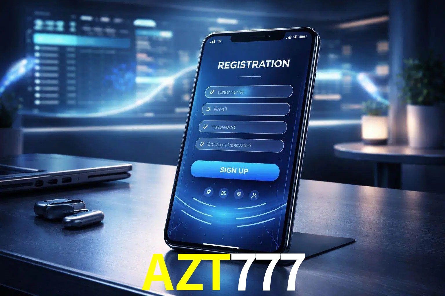 Una interfaz moderna de registro móvil para AZT777 mostrada en un smartphone con un panel de apuestas elegante.